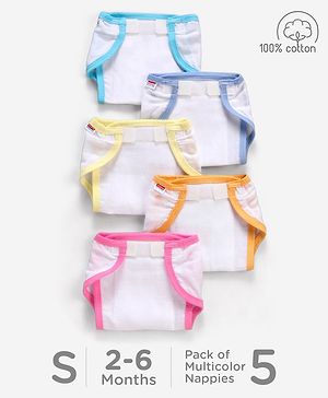 Babyhug 100% Cotton Cloth Nappies With Velcro Small Set Of 5 - Multicolor