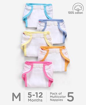 Babyhug 100% Cotton Cloth Nappies With Velcro Medium Set Of 5 - Multicolor