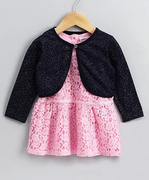 Babyoye Party Wear Lace Frock With Full Sleeves Shrug & Bloomer - Pink Navy Blue