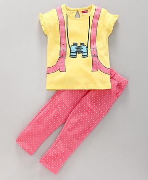 Babyhug Short Sleeves Top & Polka Dotted Trouser - Yellow Pink - 4-5Y Yellow