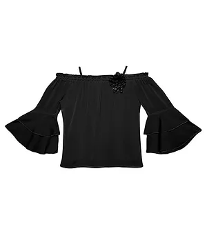TINY BABY Three Fourth Sleeves Solid Off Shoulder Top - Black