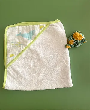 Ooka Baby Premium 100% Cotton Hooded Towel Whale Print - White Light Green