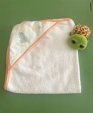 Ooka Baby Premium 100% Cotton Hooded Towel Seagull Print - White Peach