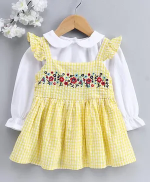 Babyhug Dungaree Style Frock with Full Sleeves Inner Tee Floral Embroidery - White Yellow