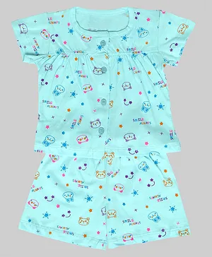 Chipbeys All Over Cat Face Printed Short Sleeves Night Suit - Light Blue