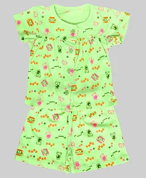 Chipbeys All Over Teddy Bear Printed Short Sleeves Night Suit - Light Green