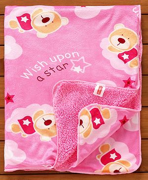 Babyhug Sherin & Poly Wool All Season Blanket Star Design - Pink (Blanket's Fur Color May Vary) - L 76 x B 76 cm White