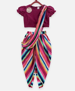 Lilpicks Couture Short Sleeves Top With Striped Drape Attached Dhoti Pants - Purple