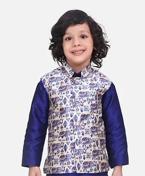 Lilpicks Couture Sleeveless Quirky Elephant Printed Nehru Jacket - Blue