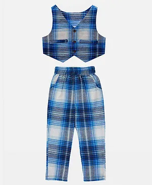 Lilpicks Couture Sleeveless Checkered Waistcoat & Pants Set - Blue
