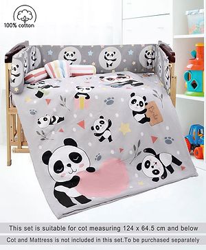 Babyhug 100% Cotton Crib Bedding Set Panda Print Regular - Grey (Cot not Included) - L 360 x B 25 cm Multi Color