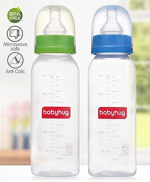 Babyhug Narrow Neck Feeding Bottle Pack of 2 Blue Green - 250 ml Each| Leak-Proof| Anti-colic Silicone Nipple| Microwave and Sterilizer Safe| BPA Free| Measuring Scale| Slow Flow
