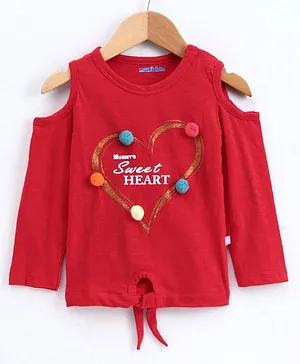 Mom's Love Full Sleeves Cold Shoulder Top Glitter Heart & Pom Pom Detail - Red