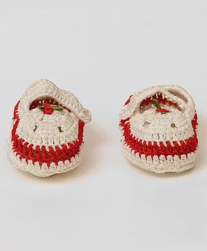 USHA ENTERPRISES Hand Knitted Flowered Booties - White & Red