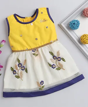 Barbie by Many Frocks & Sleeveless Flower Embroidery Detailing Dress - Yellow & Off White