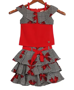 Tiny Girl Cold Shoulder Short Sleeves Checked Top With Flare Skirt - Red
