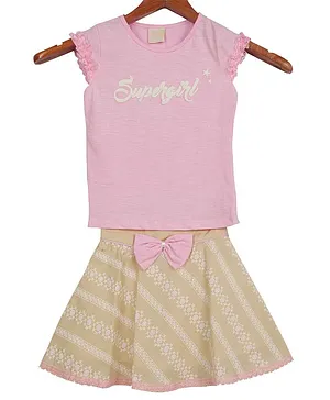 Tiny Girl Cap Sleeves Top With Printed Skirt Bow Detailed Skirt - Fawn & Pink