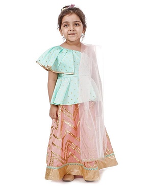 Babyhug Peplum Choli with Embroidered Silk Lehenga and Net Dupatta - Green Peach