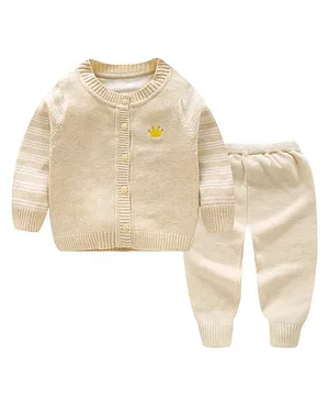 Kookie Kids Full Sleeves Baby Sweater Set Crown Embroidery - Beige