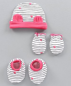 Babyhug 100% Cotton Cap Mittens and Booties Set Heart Print Pink -  Diameter 10 cm - NB Pink