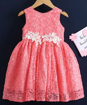 Babyhug Sleeveless Frock Floral Lace Detailing - Peach