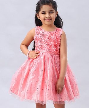 Babyhug Sleeveless Rosette  Party Frock Floral Corsage - Peach