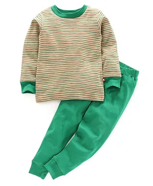 Nino Bambino 100% Organic Cotton Full Sleeves Striped Night Suit - Brown Green