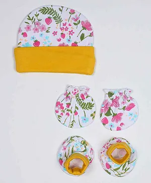Grandma's Organic Cotton Cap Mittens & Booties Set Floral Print Yellow - Diameter 11 cm