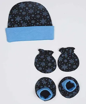 Grandma's Organic Cotton Cap Mittens & Booties Set Floral Print Blue - Diameter 11 cm