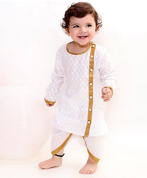Little Bansi Royal Bengali Style Full Sleeves Embroidery Kurta With Dhoti - White