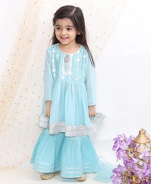 Little Bansi Full Sleeves Zardosi Work Kurti With Sharara & Dupatta - Blue