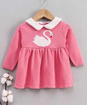 Babyoye Full Sleeves Woolen Dress Flamingo Design- Pink