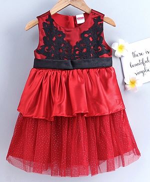 Babyhug Sleeveless Layered Frock with Embroidered Bodice - Red