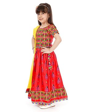 Babyhug Half Sleeves Lehenga Choli Set With Dupatta Embroidered - Red Yellow