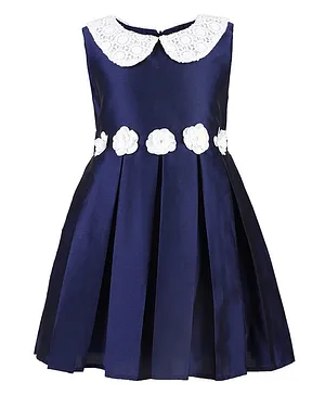 A Little Fable Flower Embellished Fit & Flare Sleeveless Lace Dress - Navy Blue