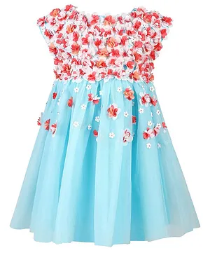 A Little Fable Flower Embellished Fit & Flare Cap Sleeves Dress - Blue