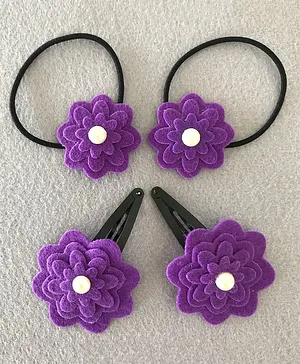 Kalacaree Set Of 4 Floral Hair Clips With Rubber Bands - Purple