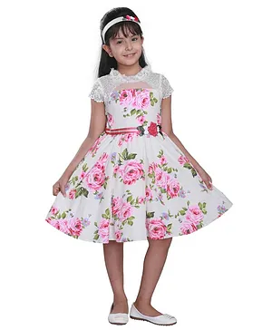 Cutecumber Short Sleeves Floral Printed Dress - Cream