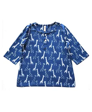 Ikeda Designs Giraffe Block Print Three Fourth Sleeves Kurta - Blue