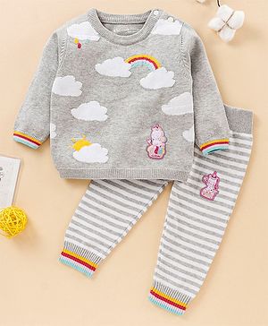 ToffyHouse Winter Wear Full Sleeves Sweater & Stripe Lounge Pant Unicorn Patch Light Grey (Design May Vary)