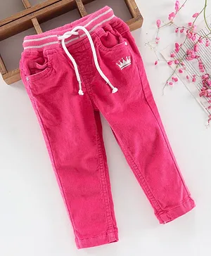 Babyhug Full Length Corduroy Pant With Drawstring Crown Embroidery - Pink