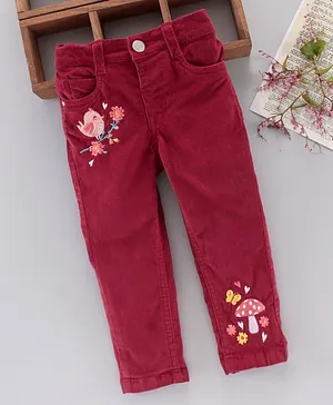 Babyhug Full Length Corduroy Pant Floral Embroidery - Red