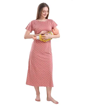 Piu Half Sleeves Dots Print Maternity Nighty -  Pink