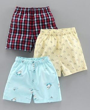 Babyhug 100%  Cotton Boxers Checked & Printed Pack of 3 - Yellow Red Blue - 2-3Y Yellow