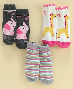 Bonjour Ankle Length Socks Animal Design Pack of 3 - Grey Pink