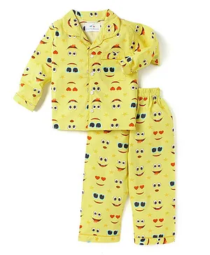 Knitting Doodles Full Sleeves Emoji Print Night Suit - Yellow