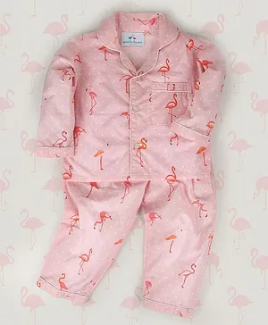 Knitting Doodles Full Sleeves Flamingo Print Night Suit - Pink