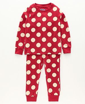 Pine Kids Full Sleeves Biowashed Night Suit Polka Dot Print - Red