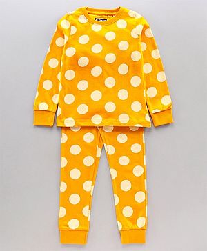 Pine Kids Full Sleeves Biowashed Polka Dot Night Suit - Golden