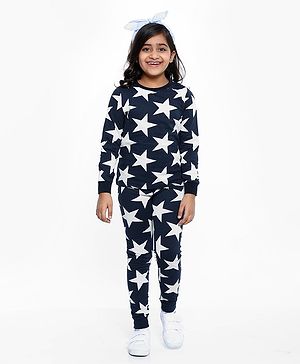 Pine Kids Full Sleeves Night Suit Star Print - Navy Blue